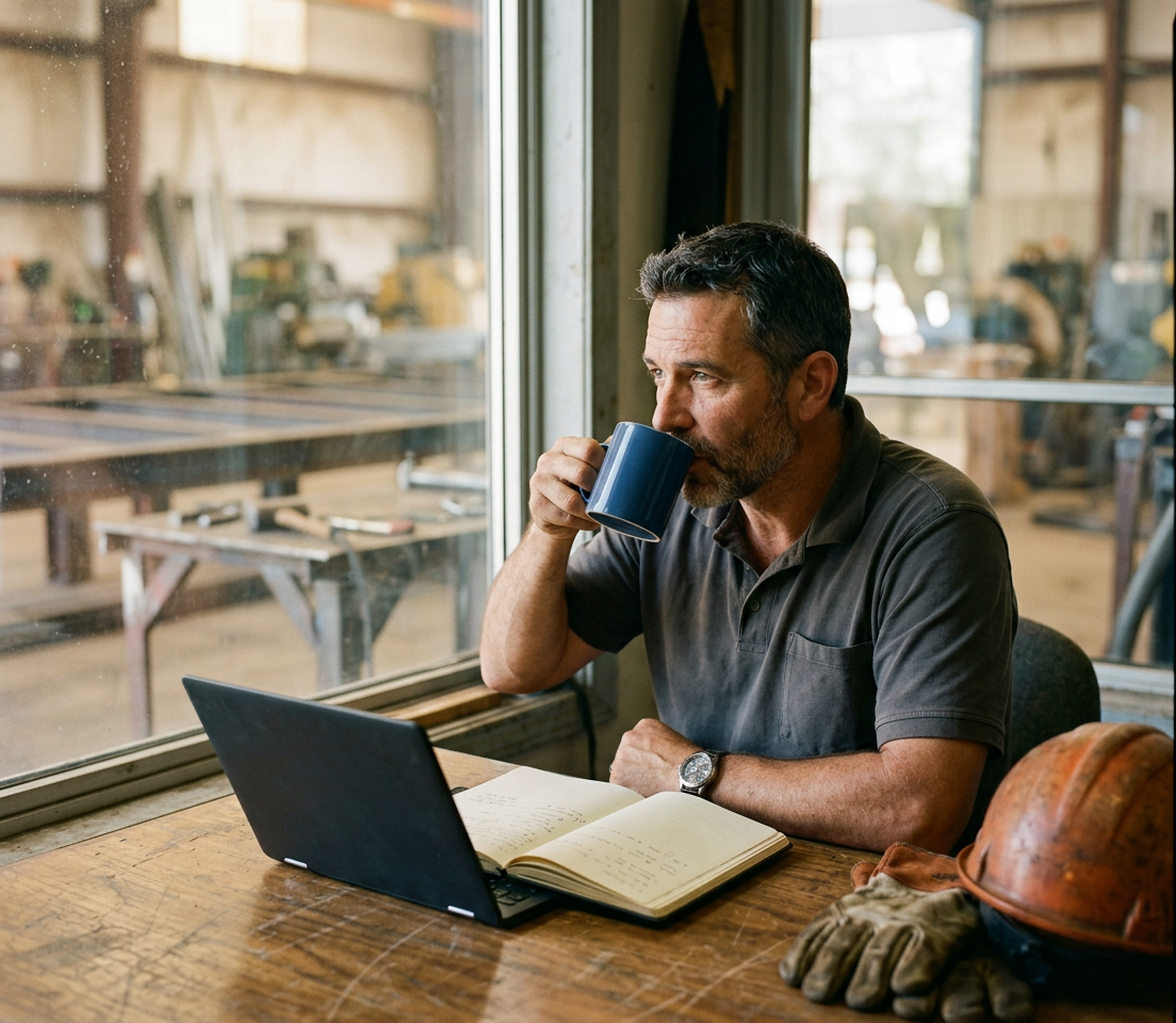 Image générée : un dirigeant d'atelier de métallerie boit un café à son bureau, un ordinateur et un carnet ouverts devant lui, l'atelier derrière la vitre.